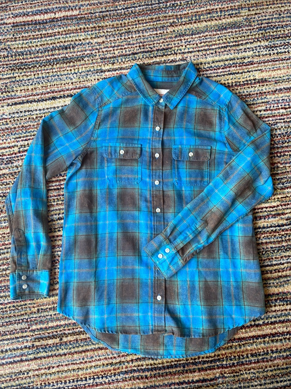 Mossimo Supply Co. Turquoise and Brown Plaid Button-Down Flannel Shirt